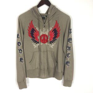 Lucky Brand Winged Peace and Love Felt Appliques Full Zip Cotton Hoodie Size MCo